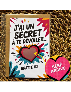 Carte à gratter “Bébé arrive” – Annonce de grossesse originale format A6 avec enveloppe kraft (version splash)