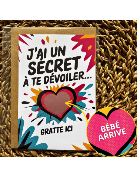 Carte à gratter “Bébé arrive” – Annonce de grossesse originale format A6 avec enveloppe kraft (version splash)