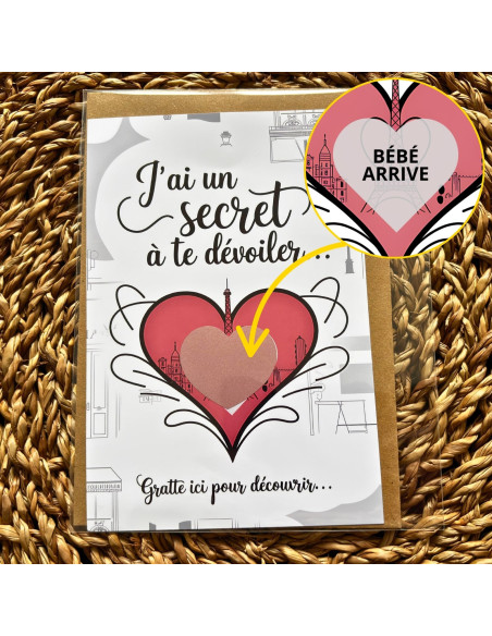 Carte à gratter “Bébé arrive” Paris – Annonce de grossesse romantique cœur rouge avec enveloppe kraft