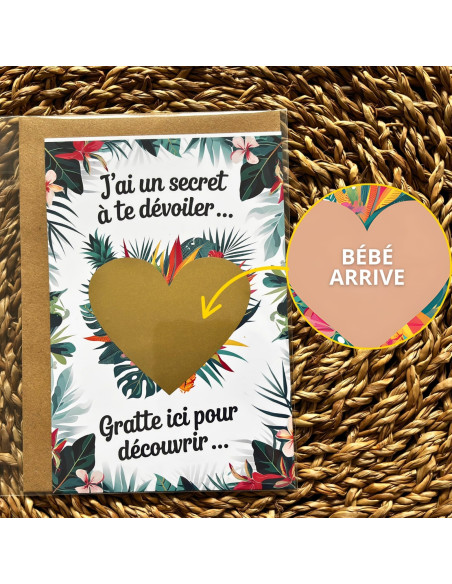 Carte à gratter “Bébé arrive” tropicale – Annonce de grossesse exotique et colorée avec enveloppe kraft