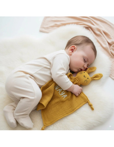 Doudou Lapin Personnalisé Brodé - Prénom Bébé | Gaze Coton Bio
