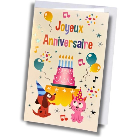 Carte anniversaire – Gâteau, chien et chat