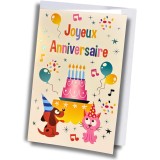 Carte anniversaire – Gâteau, chien et chat