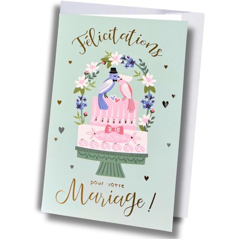 Carte mariage – Gâteau, oiseaux et fleurs
