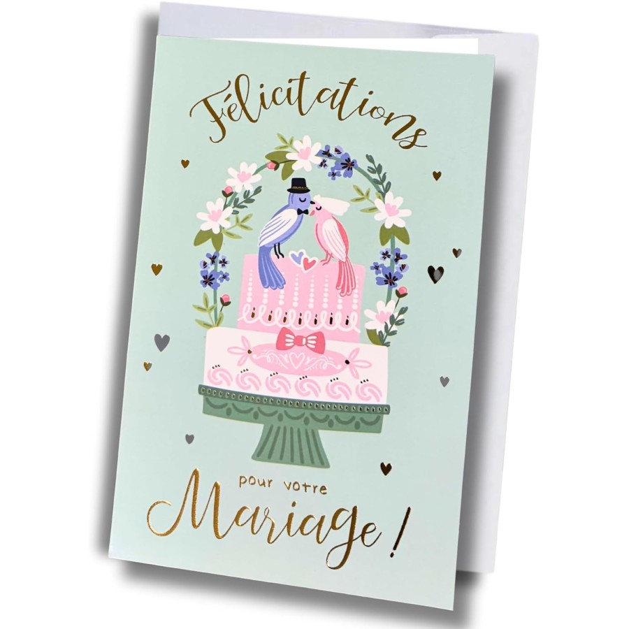 Carte mariage – Gâteau, oiseaux et fleurs