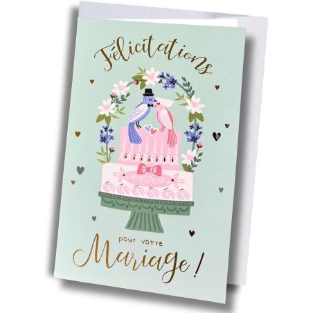 Carte mariage – Gâteau, oiseaux et fleurs