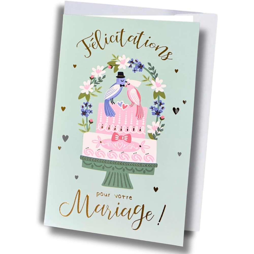 Carte mariage – Gâteau, oiseaux et fleurs