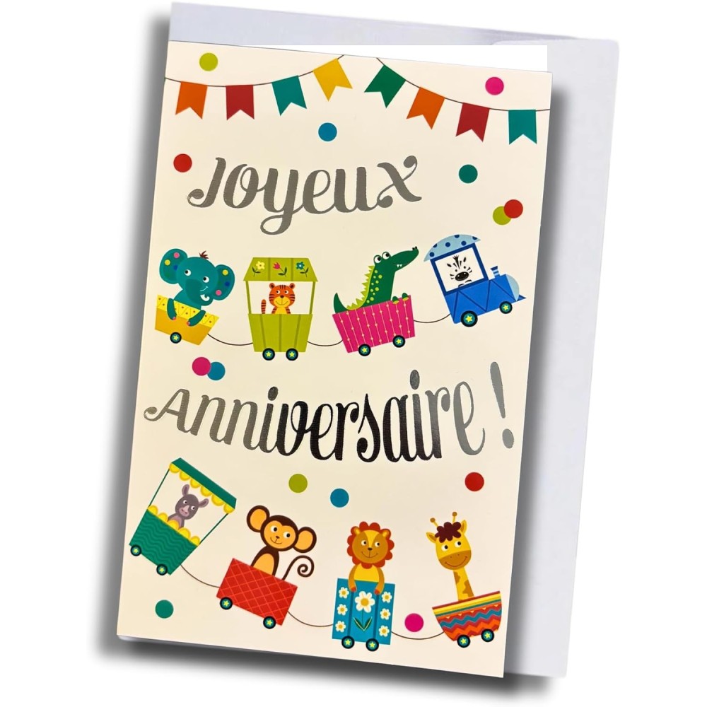 Carte anniversaire enfant – Le train des animaux