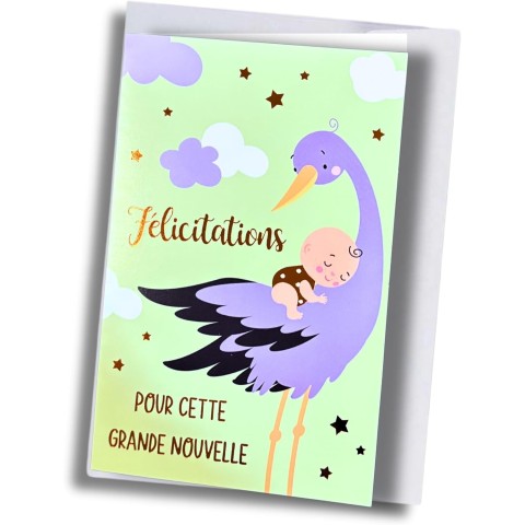 Carte félicitations naissance – Cigogne et bébé