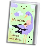 Carte félicitations naissance – Cigogne et bébé