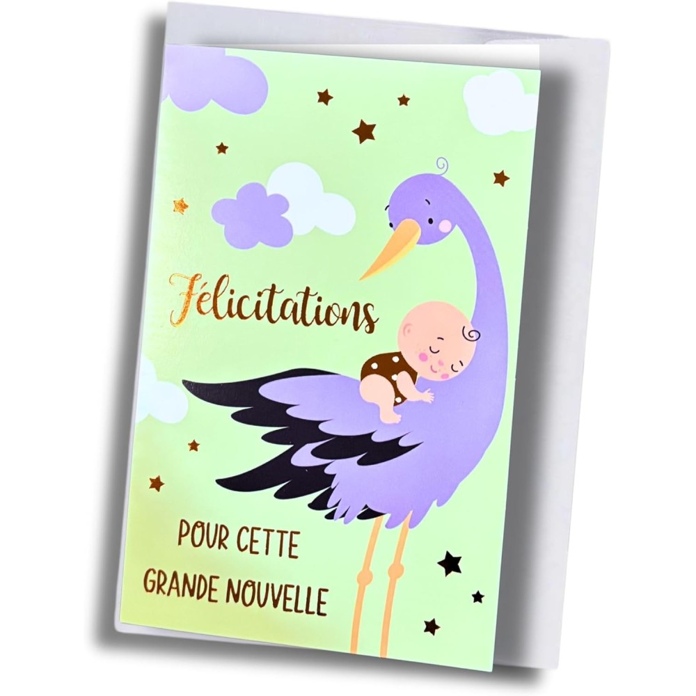 Carte félicitations naissance – Cigogne et bébé
