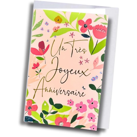 Carte anniversaire – Motif floral rose et vert