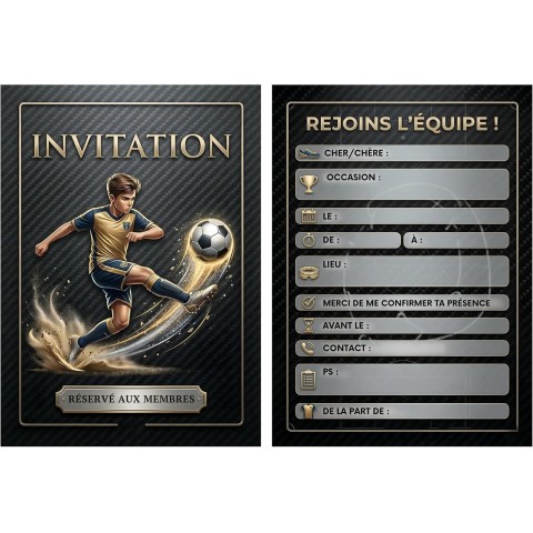 Lot de 20 invitations football – Noir et or, A6