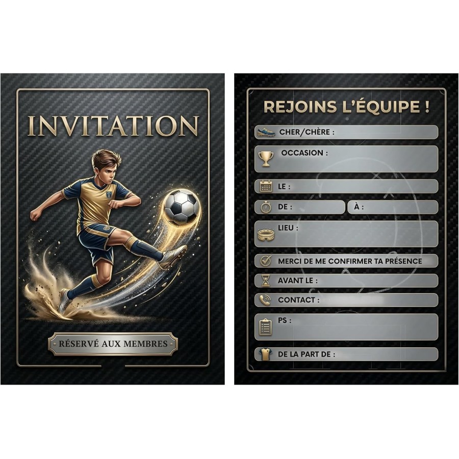 Lot de 20 invitations football – Noir et or, A6