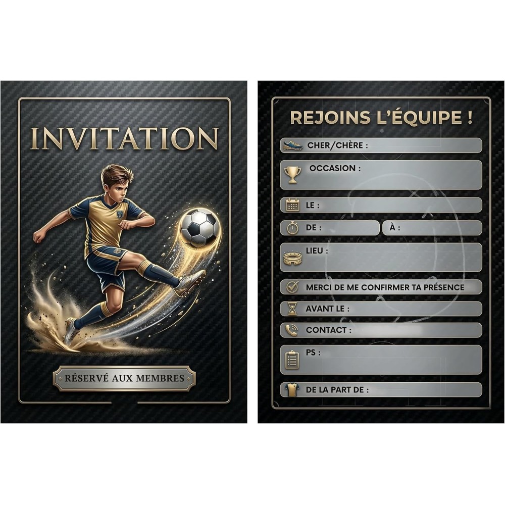 Lot de 20 invitations football – Noir et or, A6