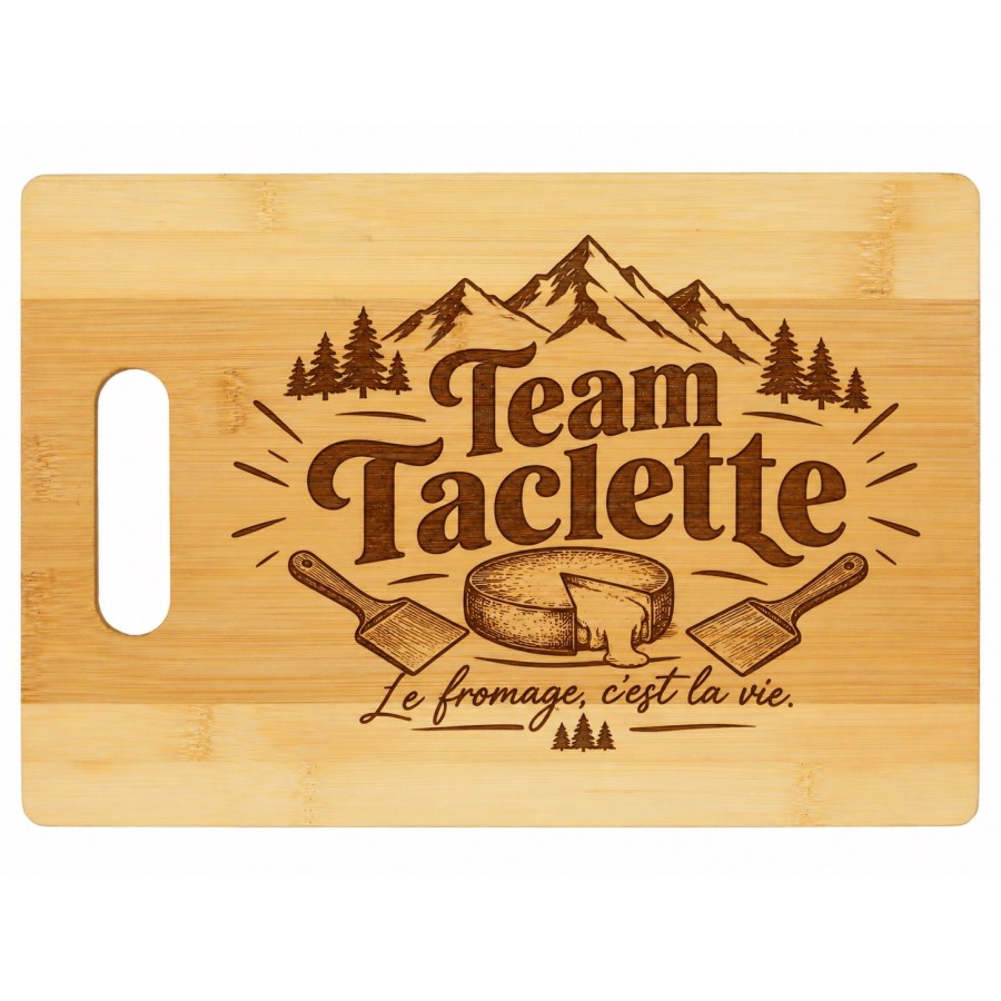 Planche bambou gravée – Team raclette