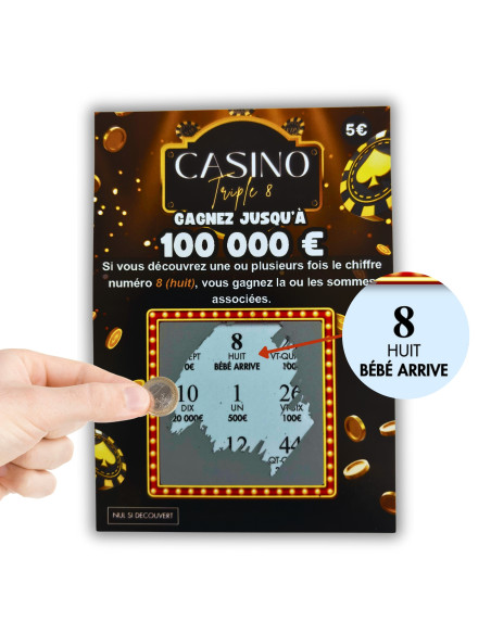 Cartes à Gratter Annonce de Grossesse Casino Triple 8 | Révélation "Bébé arrive"